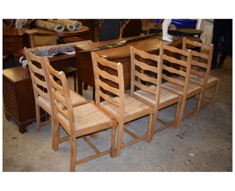 SET OF SIX BEECHWOOD LADDER BACK RATTAN SEATED DINING CHAIRS
