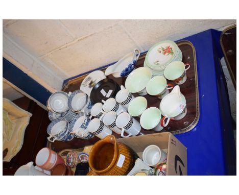 TRAY OF PORTMEIRION GREEK KEY COFFEE CANS, WOODS TEA CUPS AND SAUCERS ETC