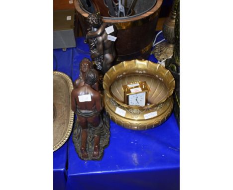 TWO RESIN BRONZED FIGURES OF CAVORTING COUPLES AND A SCHATZ CARRIAGE CLOCK AND FURTHER BRASS JARDINIERE 