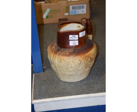 LARGE EARLY 19TH CENTURY STONEWARE JUG, POSSIBLY BRAMPTON, WITH SPRIGGED DECORATION OF A HUNTING SCENE AND GREYHOUND HANDLE, 