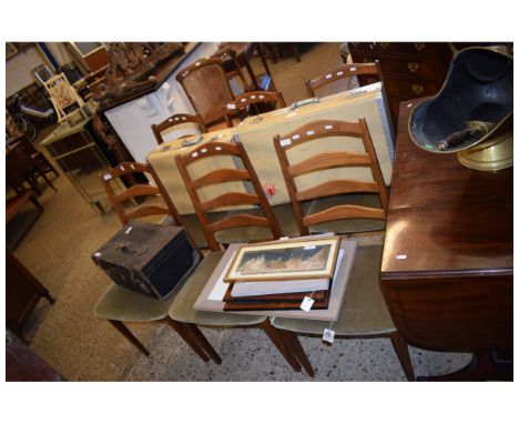 SET OF SIX RETRO TEAK LADDER BACK DINING CHAIRS WITH GREEN DRALON UPHOLSTERED SEATS