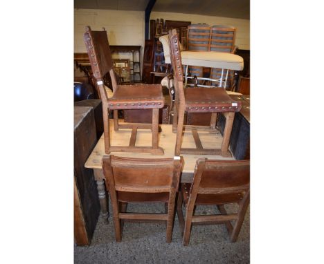 SET OF SIX RUSTIC ARTS &amp; CRAFTS TYPE DINING CHAIRS WITH OAK FRAMES AND TAN LEATHER SEAT AND BACK WITH BRASS BUTTON DETAIL