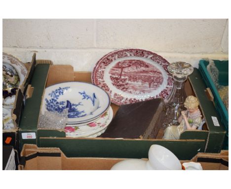 BOX OF DECANTER, CONTINENTAL FIGURE, CASED SET OF DESSERT SPOONS ETC