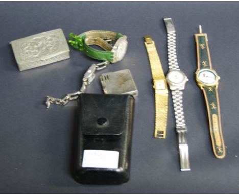 A sundry lot of ladies and gents dress watches plus a lighter, tobacco tin and a vintage condiment set. 