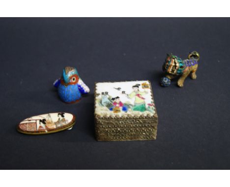 A Japanese wire and Cloisonne Fo Dog, a contemporary cloisonne thimble, an enamelled white metal brooch (at fault) and a cera