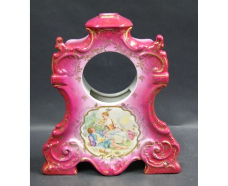 A 19th century Austrian ceramic clock case, painted figural signed Boucher, with later gilt highlights