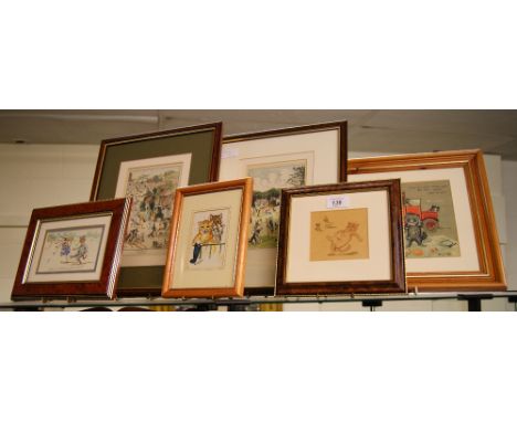 Three large and three small framed and glazed prints by Louis Wain plus three smaller prints