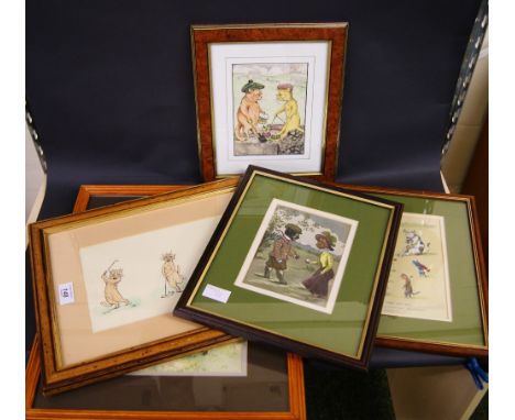 Three framed and glazed prints by Louis Wain, plus two other framed and glazed prints of golfing scenes 