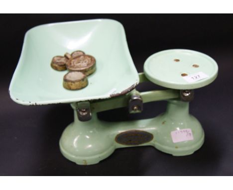 Set of vintage enamelled scales by Thornton & Co. Ltd. London. 