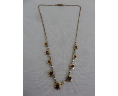 9ct gold necklace set with amethyst and seed pearls, approx total weight 5.7g
