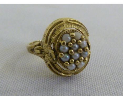 10ct yellow gold, amethyst and seed pearl swivel ring, approx weight 4.2g