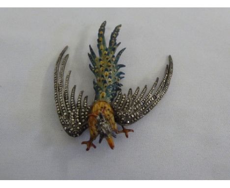 Silver, marcasite and enamel brooch in the form of a peacock