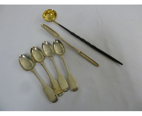 A William IV punch ladle, silver gilt bowl with twisted whalebone handle, a Georgian silver marrow scoop and four silver fidd