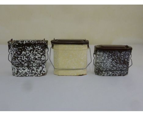 Three French enamel lunch caddies with swing handles