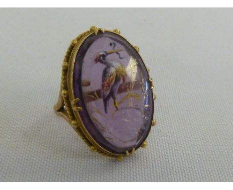 9ct gold amethyst ring with enamel bird  A/F