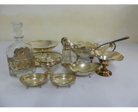 Quantity of silver, silver plate and white metal to include a decanter, bonbon dishes and a cup and cover