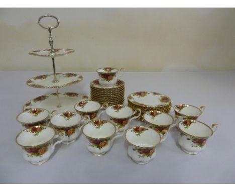 Royal Albert Old Country Roses teaset to include cups, saucers, plates and a three tier cake stand  (36)