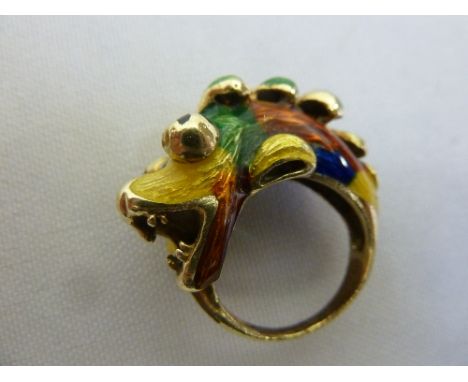 18ct gold and enamel ring in the form of a dragon, approx 12.5g