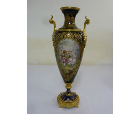 French hand painted porcelain vase with gilt metal base decorated with playing children