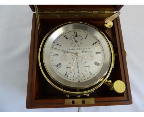 H Y Grandjean and Cie, late 19th century two day marine chronometer, brass mounted with silvered dial, Roman numerals, the br