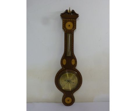 Edwardian inlaid mahogany banjo barometer with mercury thermometer