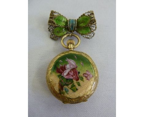 14ct gold ladies fob watch with polychromatic enamel decoration with bow brooch clip