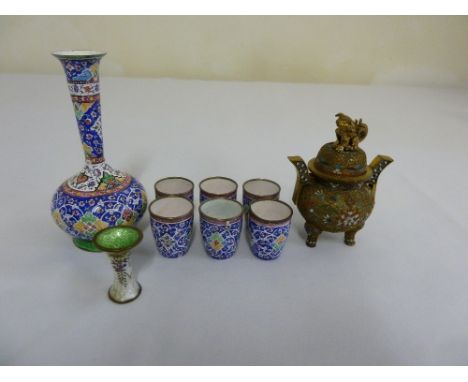 A quantity of Oriental and Middle Eastern cloisonn‚ and enamel to include a potpourri holder, a flask and six cups  (9)