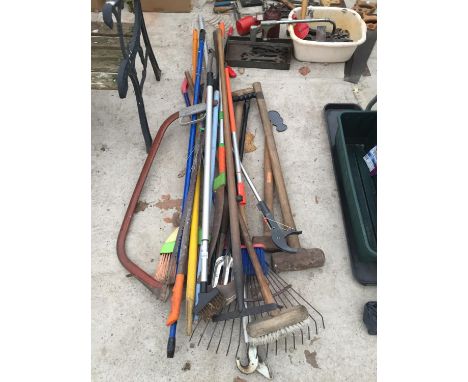 VARIOUS GARDEN TOOLS - SLEDGE HAMMERS, BOW SAW ETC 