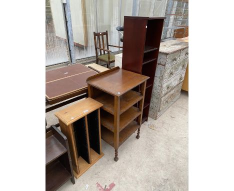 A CD RACK, OPEN OAK BOOKCASE AND A MAHOGANY EFFECT OPEN BOOKCASE 
