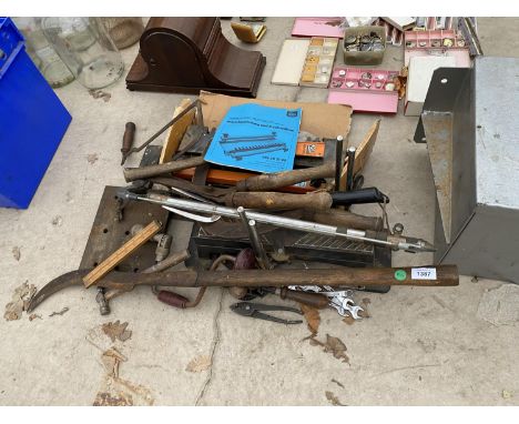 VINTAGE TOOLS - TWO BILL HOOKS, SPANNERS ETC 