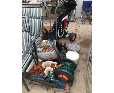 A HOSE REEL, PLANT POTS, GARDEN TOOLS ETC 