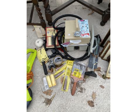 VARIOUS TOOLS AND HARDWARE - WALLPAPER STRIPPER, PAINT BRUSHES AND ROLLERS ETC 