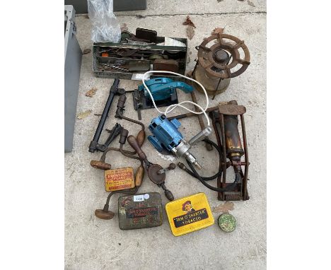 VINTAGE TOOLS - SPIRIT BURNER, FOOT PUMP, DRILL BRACES ETC 