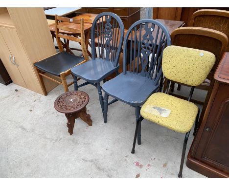 A TEAK FRAMED 1960'S CHAIR, PAIR OF WHEELBACK WINDSOR CHAIRS, A 1950'S KITCHEN CHAIR AND AN INDIAN HARDWOOD TABLE 