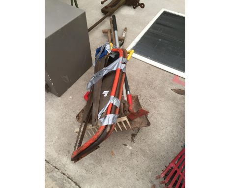 VARIOUS GARDEN TOOLS - BOW SAW, RAKE ETC 