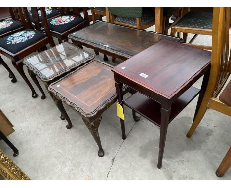 A MAHOGANY OCCASIONAL TABLE WITH LOWER SHELF, TWO MAHOGANY LAMP TABLES AND A MATCHING COFFEE TABLE 