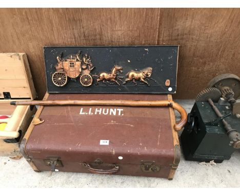 A VINTAGE WOODEN BOUND SUITCASE WITH PICTURE AND ORNATE WOODEN WALKING STICK 