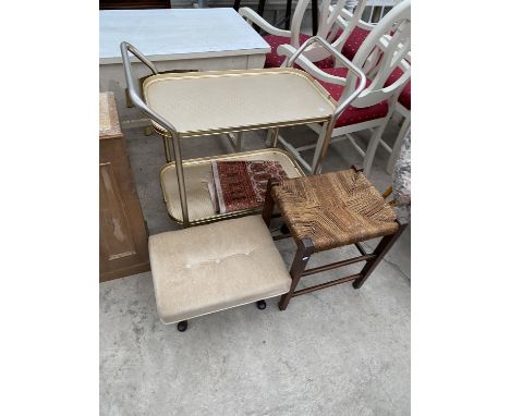 A METALWARE DINNER TROLLEY, WICKER TOP STOOL, CABRIOLE LEG STOOL AND A SMALL FRINGED RUG 