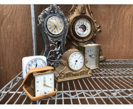 A COLLECTION OF CLOCKS TO INCLUDE A CARRIAGE CLOCK AND FURTHER BAROMETER 