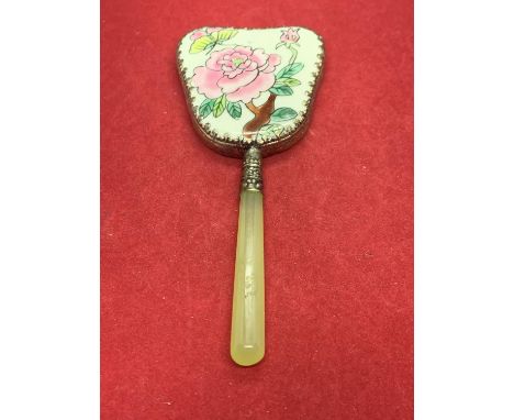 A DECORATIVE ORIENTAL WHITE METAL FRAMED MIRROR WITH JADE HANDLE 