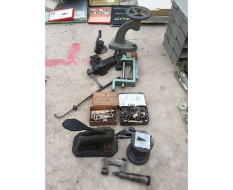 VARIOUS WATCHMAKER'S PARTS AND TOOLS - VICES, CLAMPS ETC 