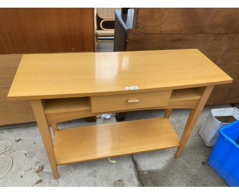 A BEECH SIDE TABLE WITH SINGLE DRAWER AND LOWER SHELF 