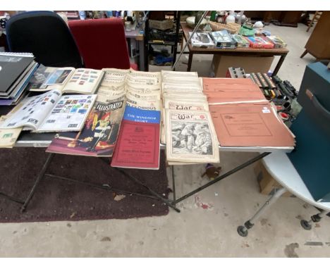 VARIOUS VINTAGE EPHEMERA - THE WAR ILLUSTRATED MAGAZINES, TWO STAMP ALBUMS ETC 
