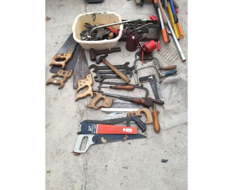 VARIOUS VINTAGE TOOLS - SAWS, OIL CANS, HAMMERS ETC 
