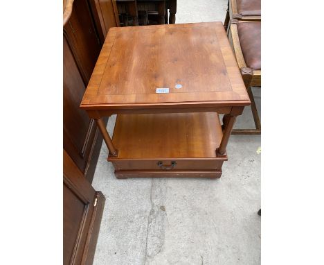 A YEW WOOD STRONGBOW LAMP TABLE WITH SINGLE DRAWER, 20" SQUARE 