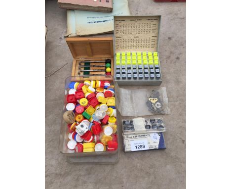 VARIOUS WATCHMAKER'S PARTS AND TOOLS - PUNCHES, LUMINOUS HANDS, LENSES ETC 