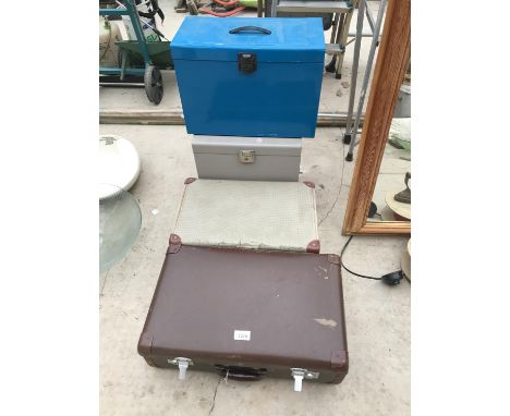 TWO VINTAGE SUIT CASES AND TWO FURTHER METAL DOCUMENT CASES 