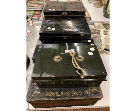 FIVE VINTAGE BLACK TIN DEED BOXES 