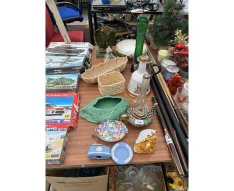 VARIOUS ITEMS A TEAPOT, GLASS VASE WITH HALLMARKED SILVER TOP, A WADE BELLS BOTTLE, EPNS TEAPOT, WHITEFRIARS STYLE VASE, A FL