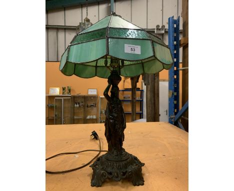 A METAL TABLE LAMP WITH A GREEN GLASS SHADE IN THE ART DECO STYLE 